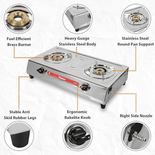Khaitan Combo - 1 unit Khaitan 2 Burner VS2 Smart Stainless Steel Manual Gas Stove+ 1 unit HF Kitchen Lighter + 1 unit HF LPG Hose Pipe (1.5 mtr) - Image 4