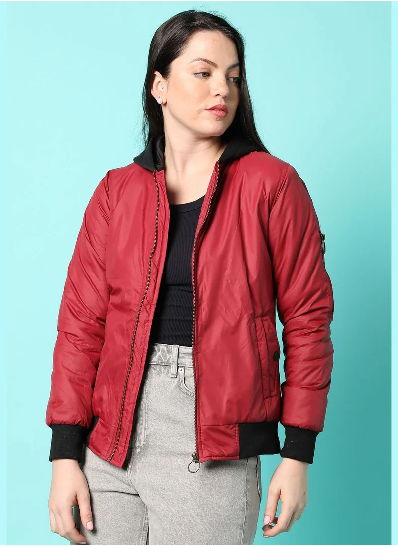 Campus Sutra Women’s Solid Bomber Jacket Regular Fit For Casual Wear