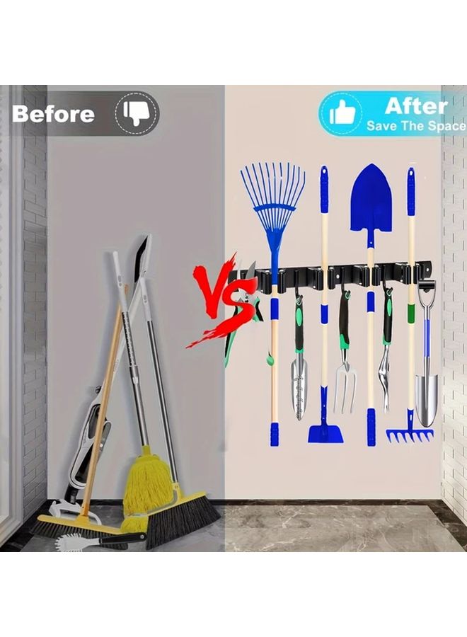 Heavy Duty Black Metal Tool Organizer Wall Rack with 4 Slots 5 Hooks for Brooms Mops Garage - Image 2