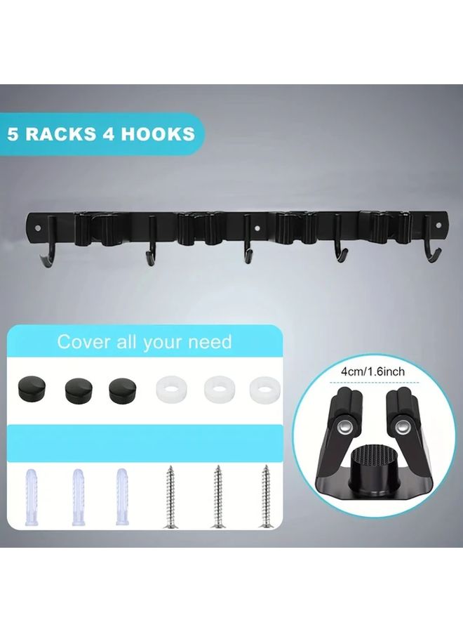 Heavy Duty Black Metal Tool Organizer Wall Rack with 4 Slots 5 Hooks for Brooms Mops Garage - Image 4
