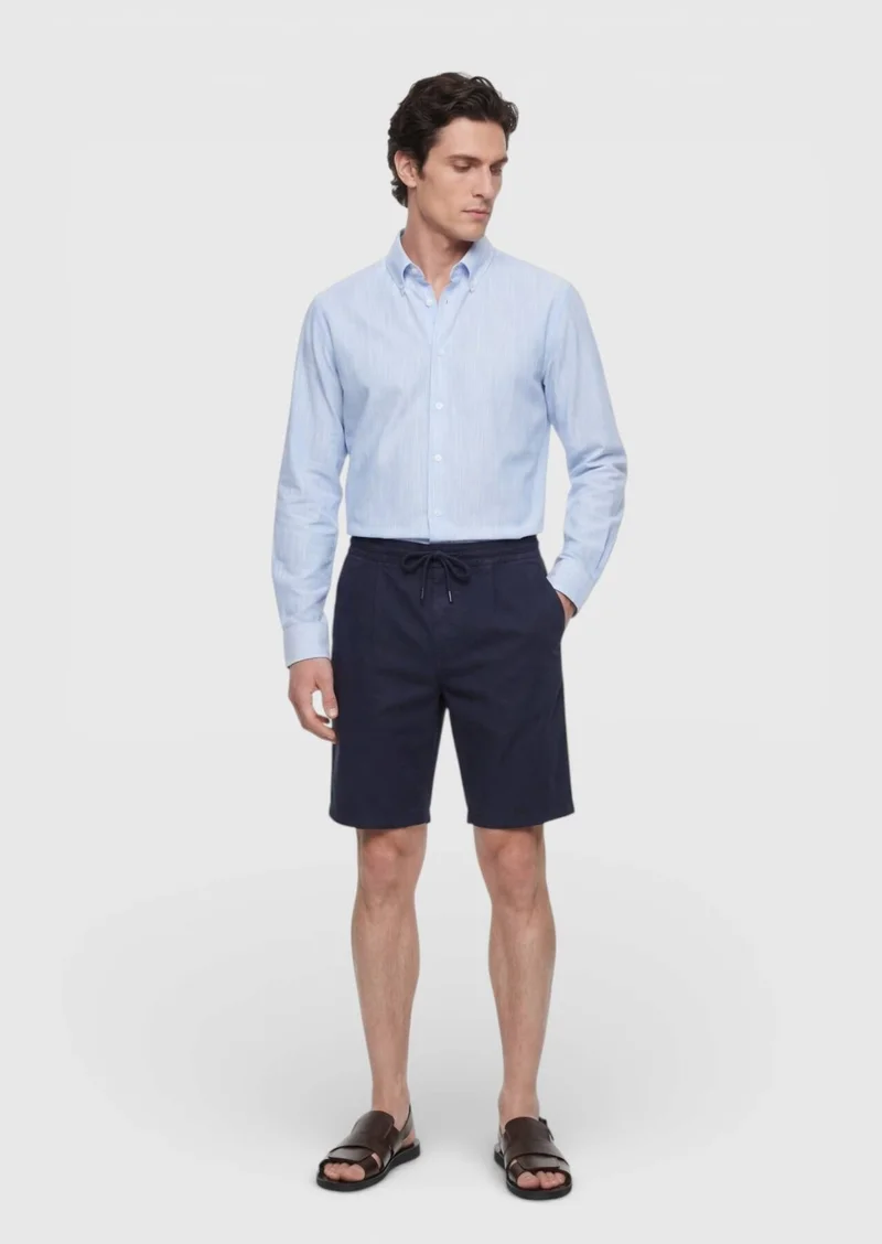 RAMSEY Navy Blue Weaving Jogging Fit Casual Linen Blended Bermuda