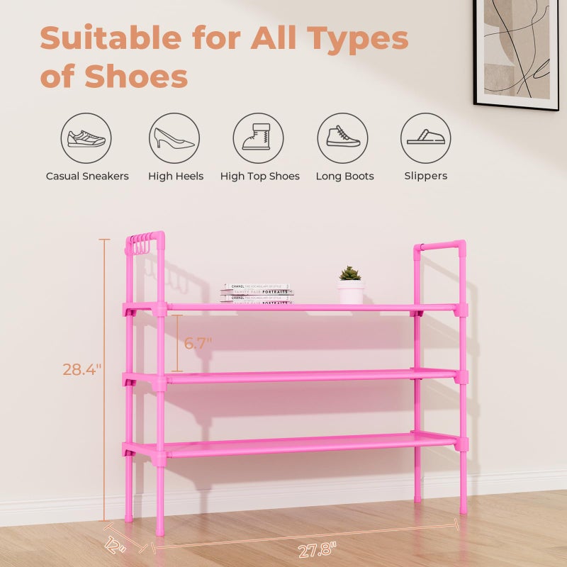LANTEFUL 3 Tier Shoe Rack for Closet, Shoe Organizer with 5 Hooks, Long Shoe Shelf Storage for Shoe and Boot Stackable Free Standing Shoe Rack for Entryway, Garage, Small Spaces, Dorm, Pink - Image 3