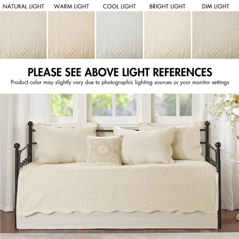 Madison Park Daybed Cover Set Damask Quilted Cover for Daybeds, All Season, Pre-washed Cotton-Filled Coastal Bedding with Scallop Edge, Shams, Bedskirt, DÃ©cor Pillows, Tuscany, Cream, 39"x75", 6 Piece - Image 2