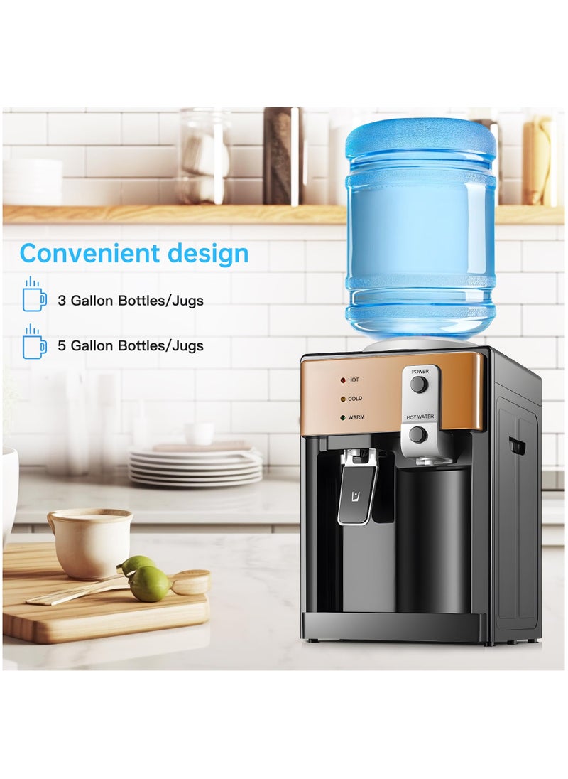 XiuWoo Electric Water Dispenser, Top Loading Water Cooler for 4.5-18.9L, 3 Temperature Settings Room Temperature Water Cold Hot Water Dispenser,575W Antibacterial Food-Grade Stainless Steel Inner Tank  Bedside Water Dispenser for Home, Office, Dormitory Use,Gold  - Image 4