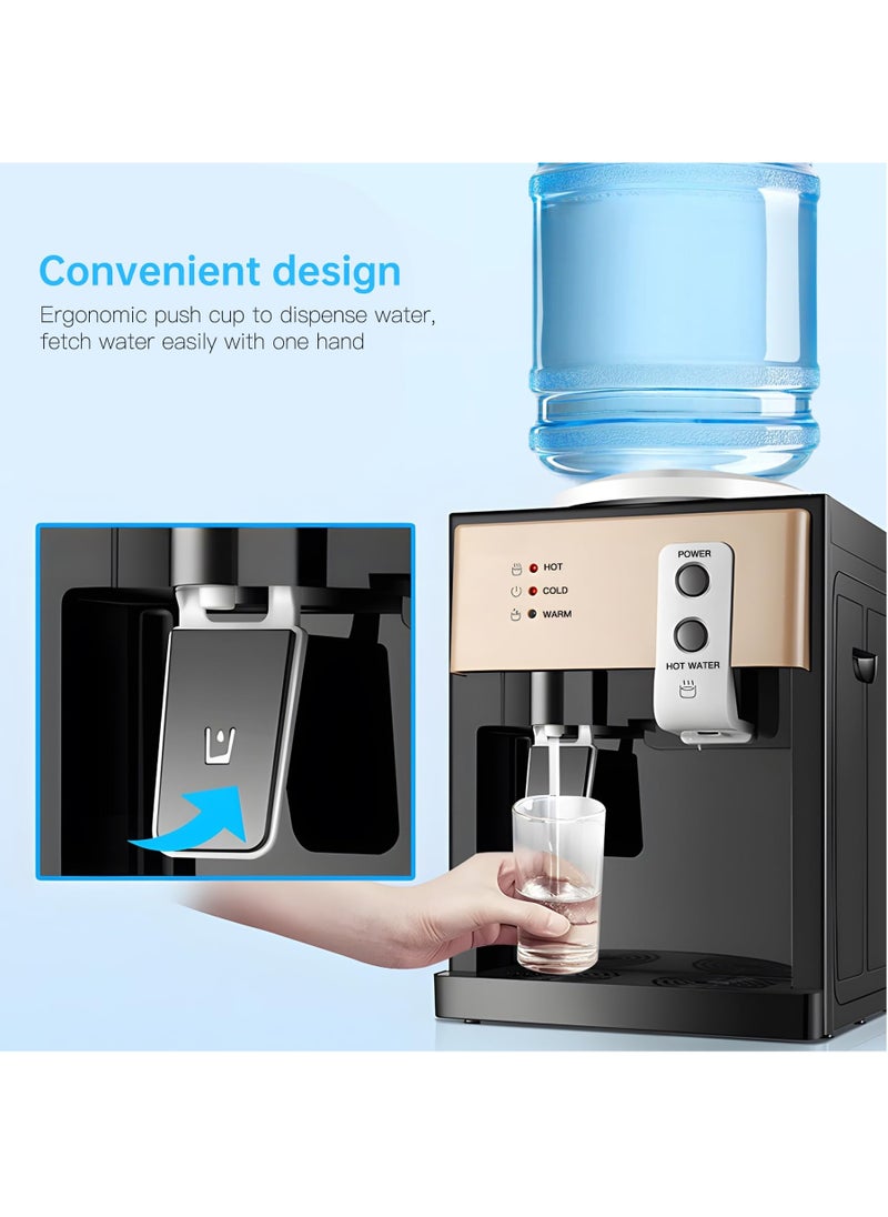 XiuWoo Electric Water Dispenser, Top Loading Water Cooler for 4.5-18.9L, 3 Temperature Settings Room Temperature Water Cold Hot Water Dispenser,575W Antibacterial Food-Grade Stainless Steel Inner Tank  Bedside Water Dispenser for Home, Office, Dormitory Use,Gold  - Image 5