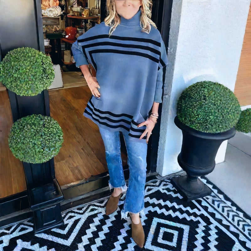 Women High Neck Knitted Batwing Sleeve Striped Sweater - Image 3