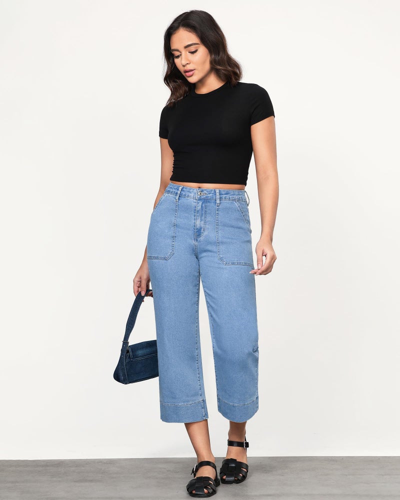 GRAPENT Casual Women's Capri Denim Pants - Stretchy High Waisted Wide Leg Cropped Jeans for Women - Ladies Roadknight Blue Size 12 to 14 - Image 5