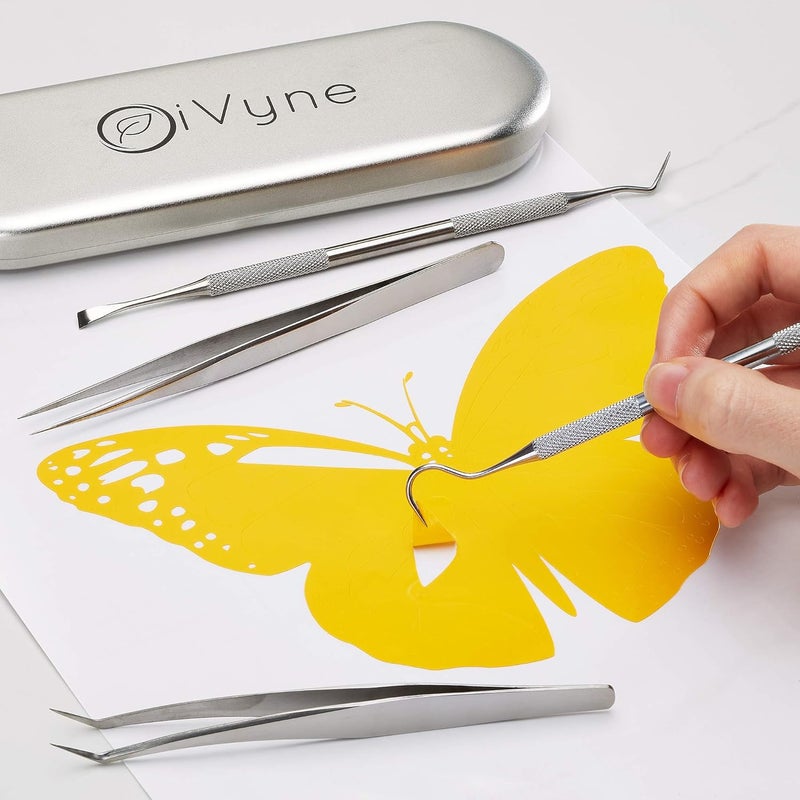 iVyne Premium Vinyl Weeding Tool Kit - Precision Stainless Steel Weeder - Hook and Pick with Fine Tweezers Crafting Set for Cricut Vinyl - by (Silver) - Image 5