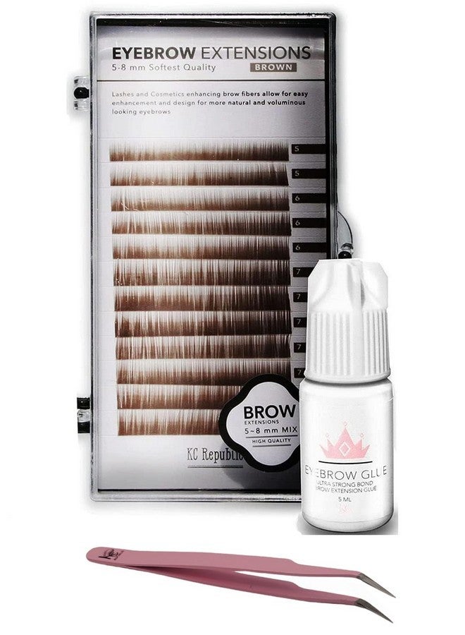 KC Republic Eyebrow Extensions Kit With 1 X Trays Of Mink Eyebrows In Brown Comes On Mixed Length Trays 5-8 Mm Mix, Eyebrow Extension Glue Clear & Extension Tweezers (Brown, Pink Tweezer) - Image 1