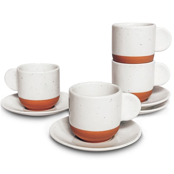 CERAMIC MINI ESPRESSO CUPS SET OF 4 3OZ TINY ITALIAN INSPIRED MUGS WITH SAUCERS FOR SMALL SHOTS OF COFFEE MODERN BOHO STYLE FOR ANY KITCHEN OR CAFE MICROWAVE SAFE PORCELAIN VANILLA WHITE