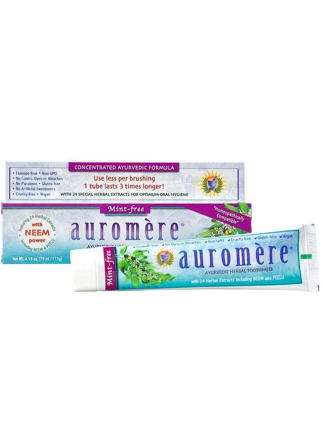 Auromere - Ayurvedic Herbal Toothpaste Mint Freevegan Natural Non Gmo Fluoride Free Gluten Free With Neem & Peelu (4.16 Oz) 1 Pack - Image 1
