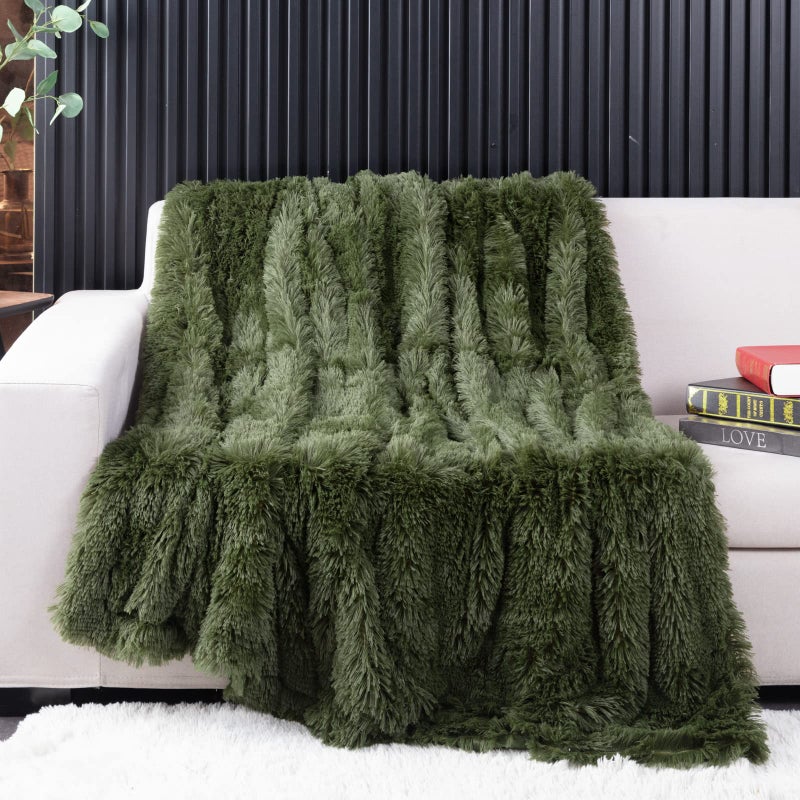 YUSOKI Long Faux Fur Throw Blanket for Sofa Couch,2 Layers,2.1lb,All Ages,Home Decoration, (Olive Green,50" x 60") - Image 1