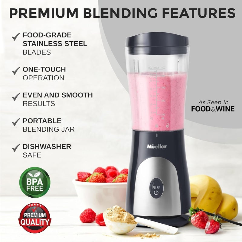 Mueller Smoothie Blender for Smoothies - Personal Blender for Shakes, Frozen Drinks, Baby Food & More, 15oz Travel Cup and Lid, Durable Stainless Steel Blades for Powerful Blending Performance - Image 2