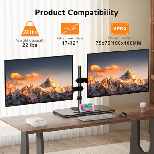 Pholiten Dual Monitor Stand with Wooden Base, Gas Spring Height Adjustable Arms, Each Holds 32 Inch Screen up to 22lbs, VESA Mount 75x75/100x100mm, Tilt/Swivel/Rotate - Ergonomic Desk Mount - Image 3