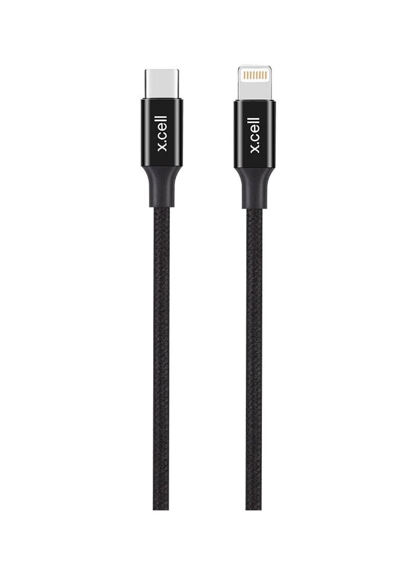 Xcell 2-in-1 Fast Charging Cable | 1 Mtr | USB-A to Lightning + USB-C | 3A Power Delivery | Heat Resistant Braided | Compatible with iPhone 14/13/12/11/X, iPad, AirPods - Black - Image 1