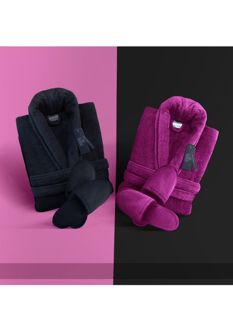 RIZARIES Couple Luxury Bathrobe Set Black & Purple - 2 Velour Bathrobe, 2 Velour Slippers - Unisex 