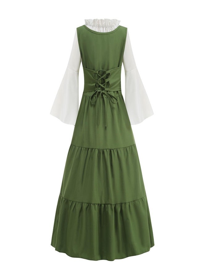 GRAJTCIN Girls Medieval Dress Renaissance Royalty Princess Outfit for Kids Long Sleeve Halloween Costume Set (Green,8-10Y) - Image 2