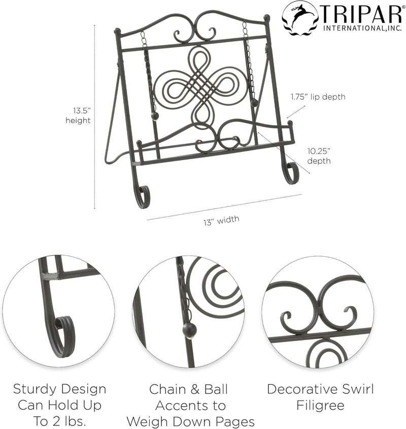 Tripar Swirl Design Black Metal Cookbook Stand for Cookbooks, Recipe Holders, Tablets, Catalogs, Portable, Adjustable, Free Standing - Image 3