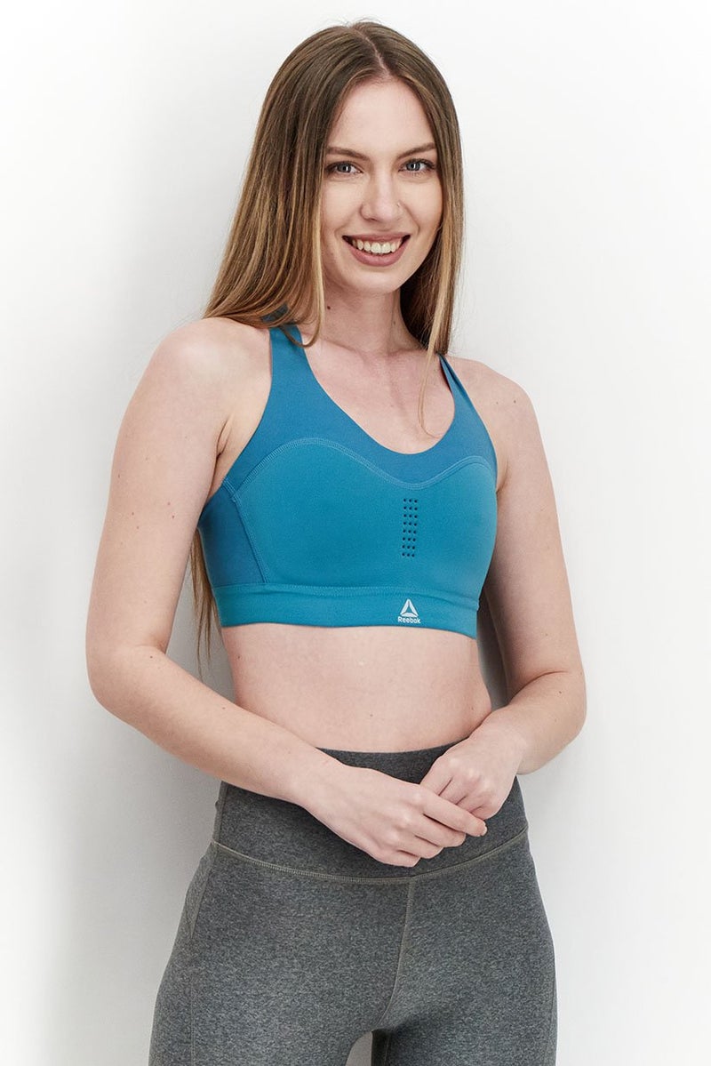 Reebok سوتيان رياضي خفيف مبطن بشعار العلامة التجارية للنساء، أزرق فواتح - Image 1