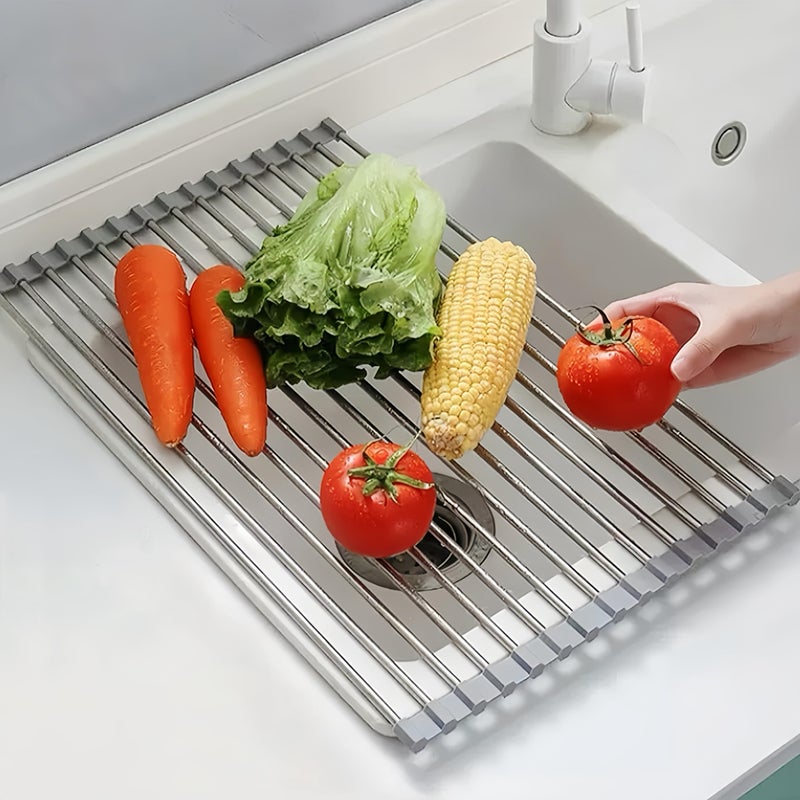 Sayehuanye Roll Up Dish Drying Rack, 17.7" x 11.8" Over The Sink Dish Drying Rack, Kitchen Dish Rack Foldable Dish Drainer, Stainless Steel Dish Drying Rack for Kitchen Sink Counter Storage (Grey) - Image 3