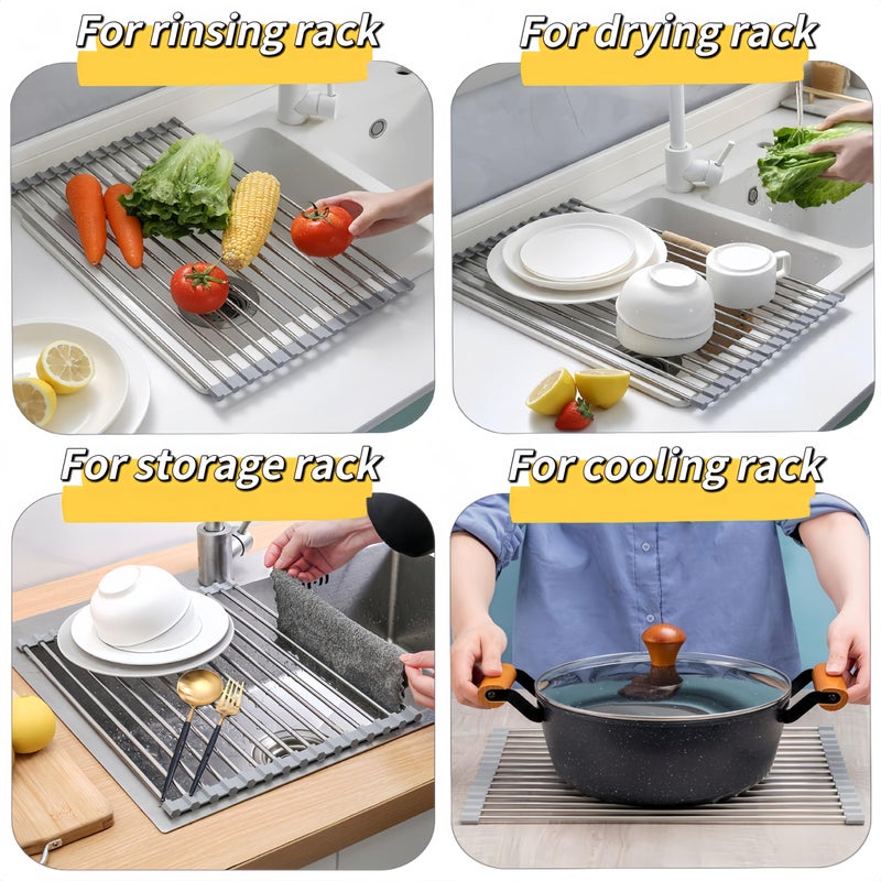 Sayehuanye Roll Up Dish Drying Rack, 17.7" x 11.8" Over The Sink Dish Drying Rack, Kitchen Dish Rack Foldable Dish Drainer, Stainless Steel Dish Drying Rack for Kitchen Sink Counter Storage (Grey) - Image 5