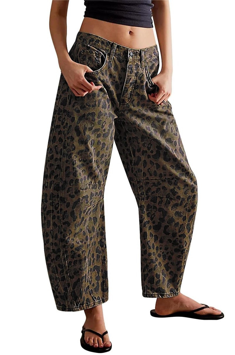 loveimgs Womens Stretchy Mid Rise Barrel Jeans Vintage Loose Wide Leg Cropped Denim Pants Y2k Baggy Boyfriend Jeans (X-Large,Leopard) - Image 1