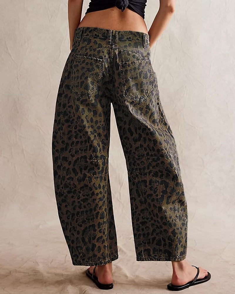 loveimgs Womens Stretchy Mid Rise Barrel Jeans Vintage Loose Wide Leg Cropped Denim Pants Y2k Baggy Boyfriend Jeans (X-Large,Leopard) - Image 4
