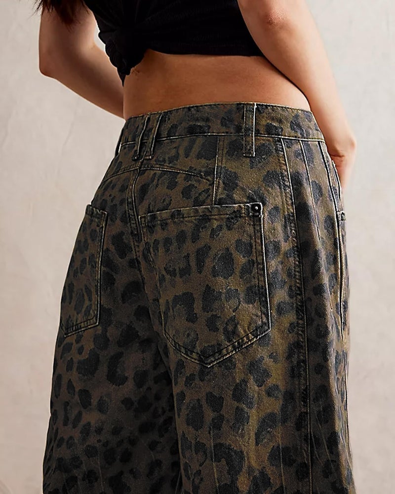 loveimgs Womens Stretchy Mid Rise Barrel Jeans Vintage Loose Wide Leg Cropped Denim Pants Y2k Baggy Boyfriend Jeans (X-Large,Leopard) - Image 2