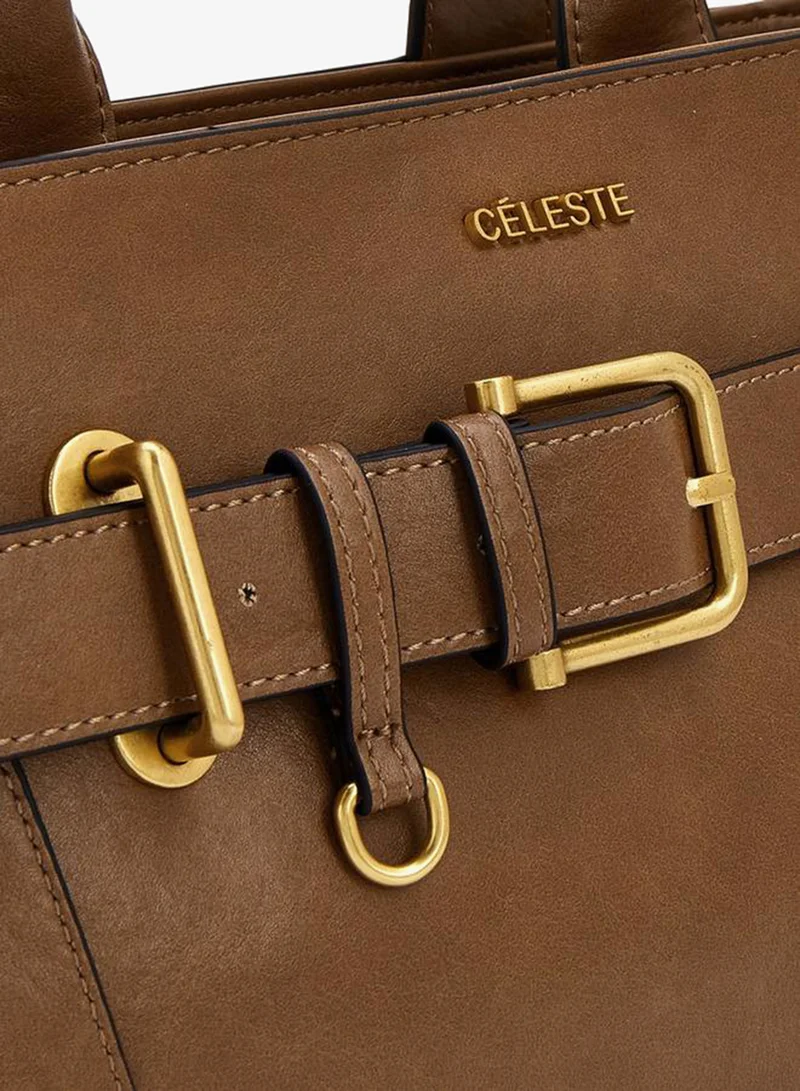 Celeste BROWN Buckled Detail Tote Bag With Zip Closure for Women | Best Price UAE