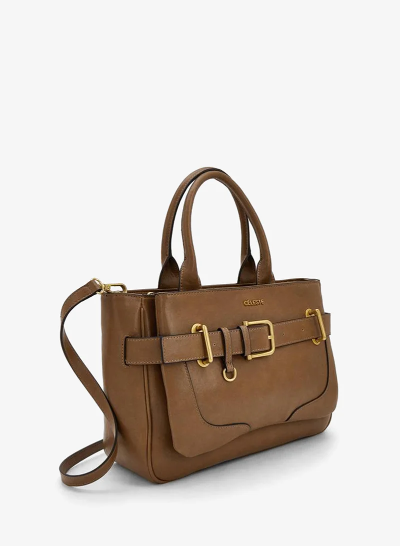Celeste BROWN Buckled Detail Tote Bag With Zip Closure for Women | Best Price UAE
