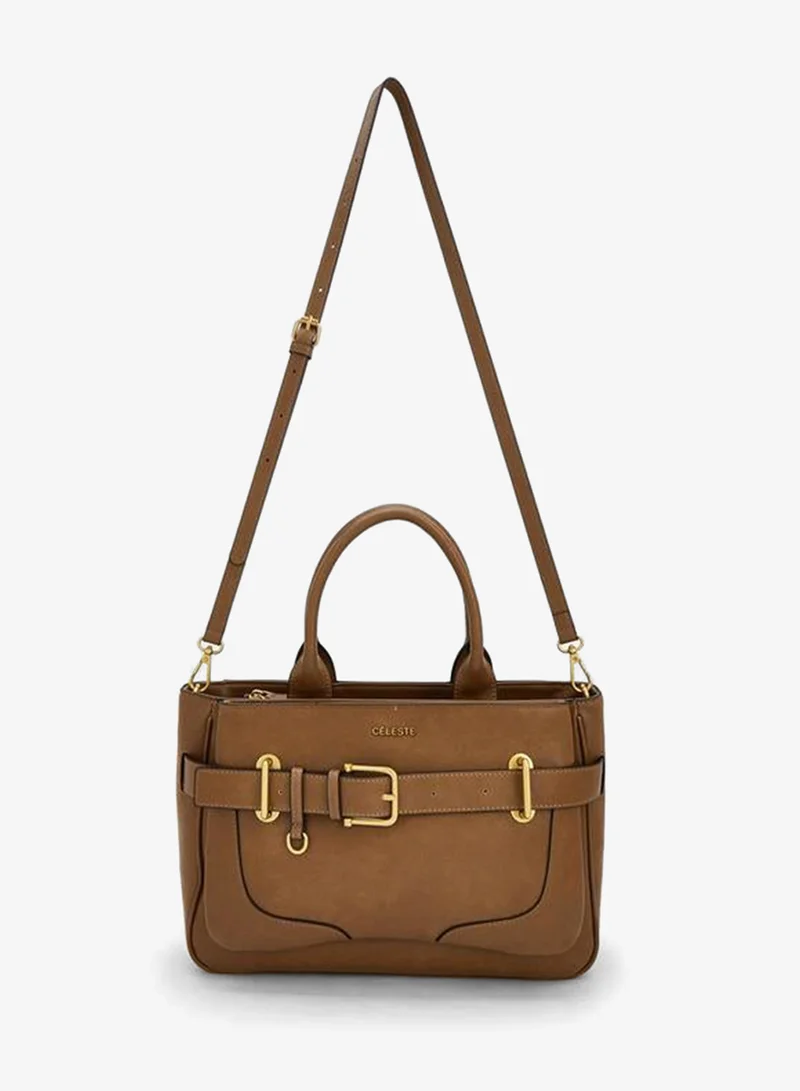 Celeste BROWN Buckled Detail Tote Bag With Zip Closure for Women | Best Price UAE