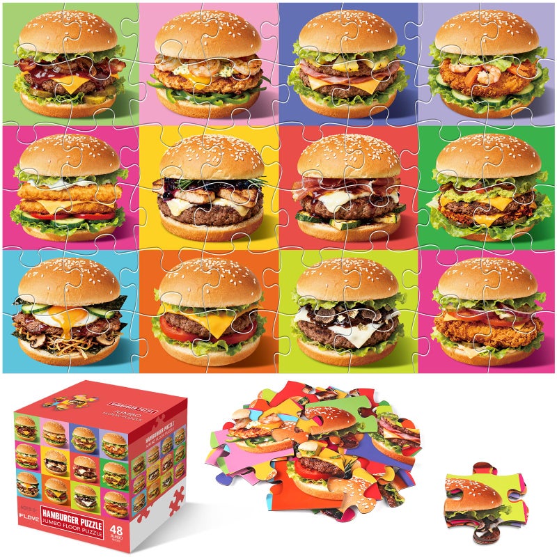 IFLOVE Jumbo Floor Puzzle for Kids48 Piece Hamburger Jigsaw PuzzlesLearning Educational Foods Toys for Toddlers Ages 35Colorful Design Children Easter Gift for Boy Girl Ages 48 - Image 3
