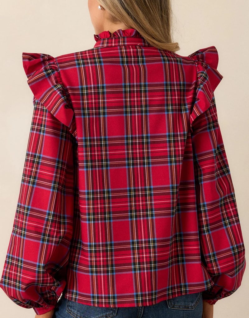LifeShe Plaid Shirts for Women Ruffle Button Down Shirts Puff Long Sleeves Blouses Collared Casual Tops - Image 2