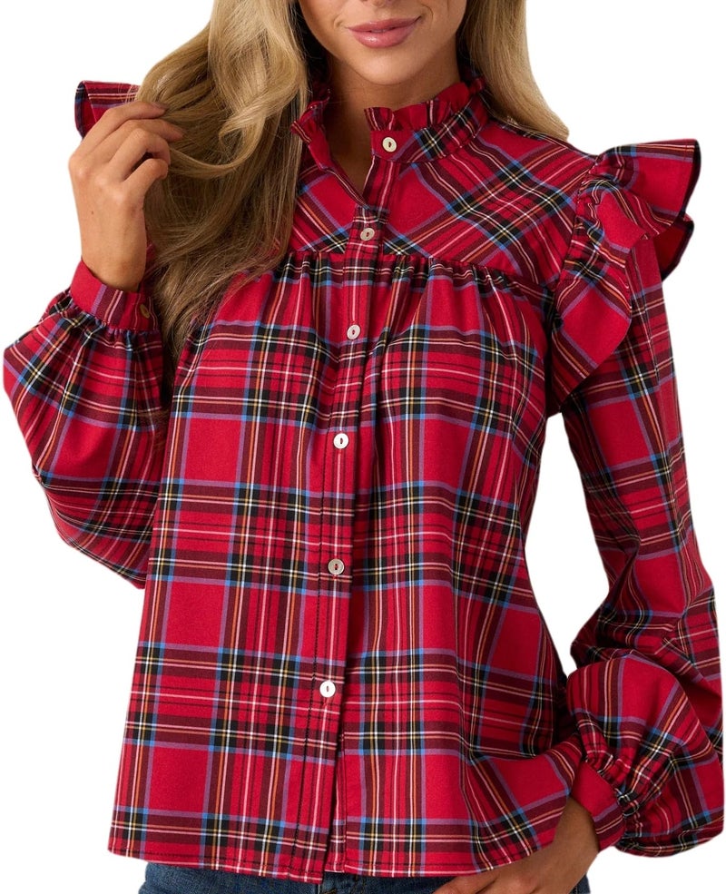 LifeShe Plaid Shirts for Women Ruffle Button Down Shirts Puff Long Sleeves Blouses Collared Casual Tops - Image 1