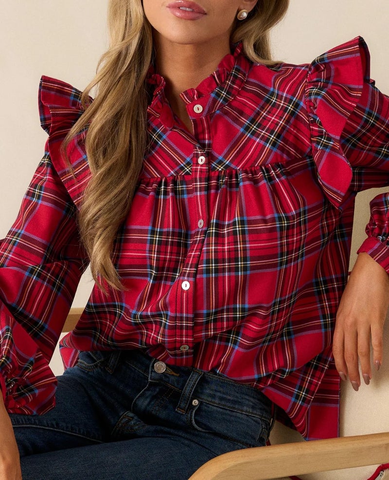 LifeShe Plaid Shirts for Women Ruffle Button Down Shirts Puff Long Sleeves Blouses Collared Casual Tops - Image 4