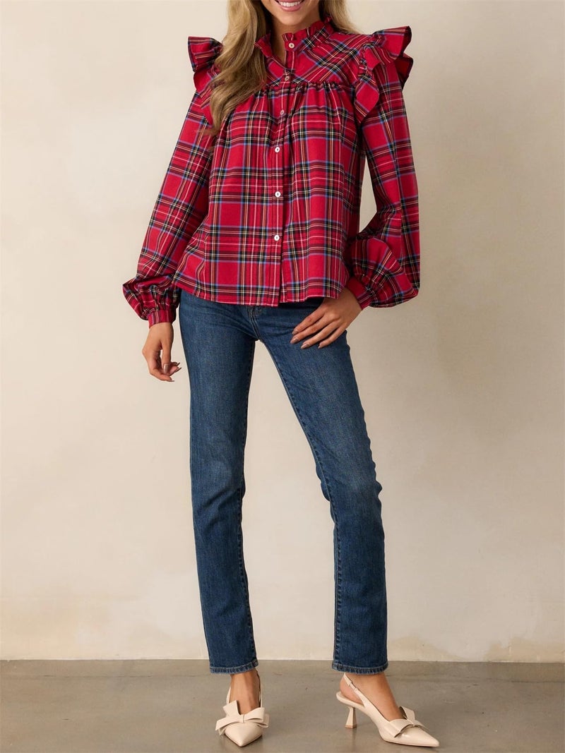 LifeShe Plaid Shirts for Women Ruffle Button Down Shirts Puff Long Sleeves Blouses Collared Casual Tops - Image 3