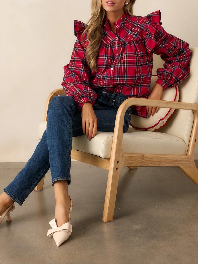 LifeShe Plaid Shirts for Women Ruffle Button Down Shirts Puff Long Sleeves Blouses Collared Casual Tops - Image 5