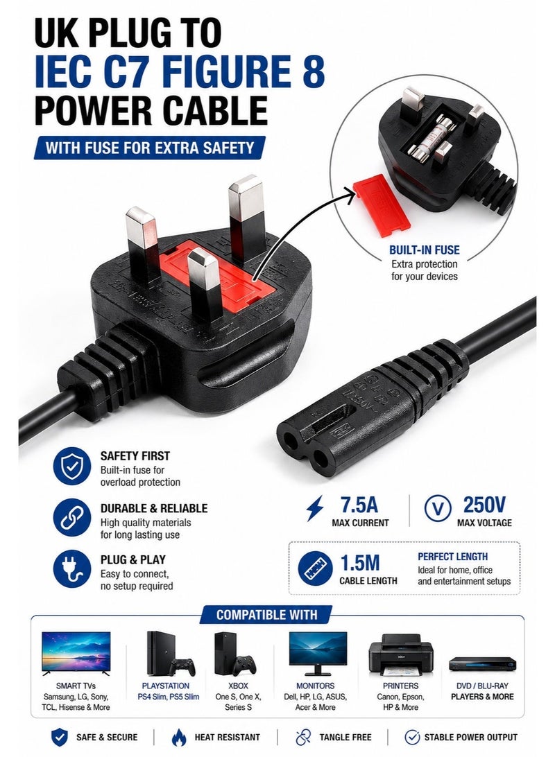 برايت كيبل طاقة بريطاني BS1363 بطول 1.5 متر – قابس UK إلى IEC C7 (شكل الرقم 8) – 7.5A / 250V – سلك طاقة بديل للتلفزيون والشاشات وأجهزة الألعاب - Image 3