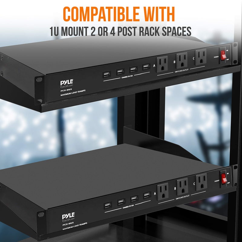 Pyle 19 Outlet 1U 19" Rackmount PDU Power Distribution Supply Center Conditioner Strip Unit Surge Protector 15 Amp Circuit Breaker 4 USB Multi Device Charge Ports 15FT Cord, Black - PCO865 - Image 4