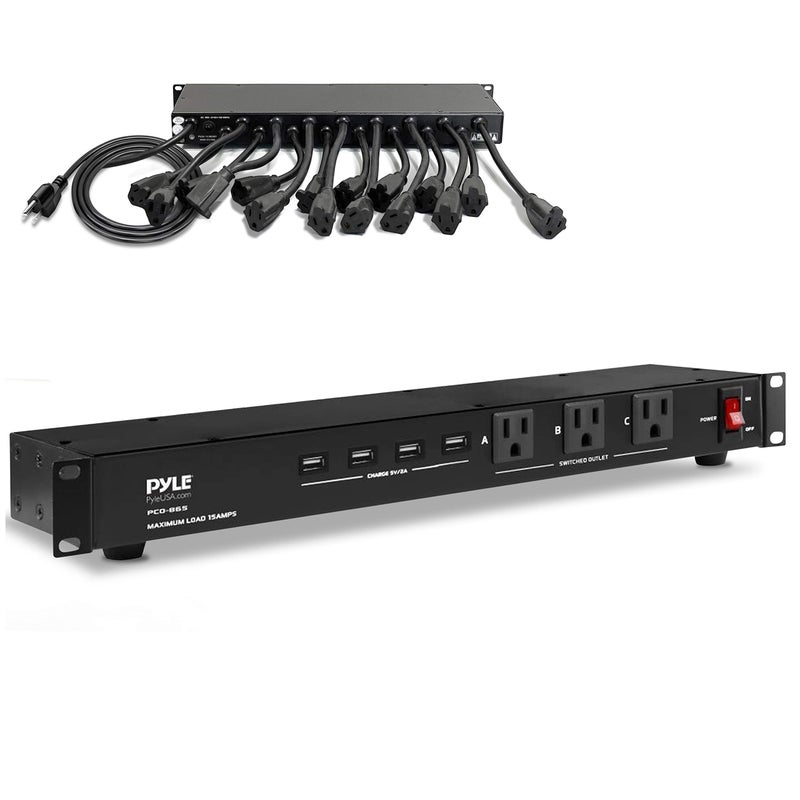 Pyle 19 Outlet 1U 19" Rackmount PDU Power Distribution Supply Center Conditioner Strip Unit Surge Protector 15 Amp Circuit Breaker 4 USB Multi Device Charge Ports 15FT Cord, Black - PCO865 - Image 1