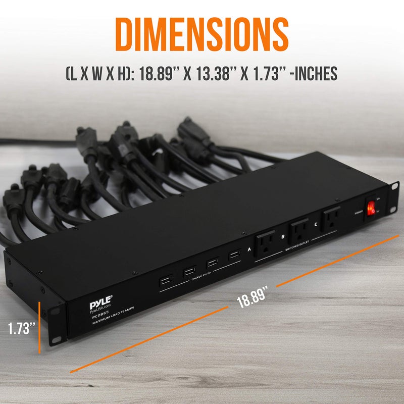 Pyle 19 Outlet 1U 19" Rackmount PDU Power Distribution Supply Center Conditioner Strip Unit Surge Protector 15 Amp Circuit Breaker 4 USB Multi Device Charge Ports 15FT Cord, Black - PCO865 - Image 2