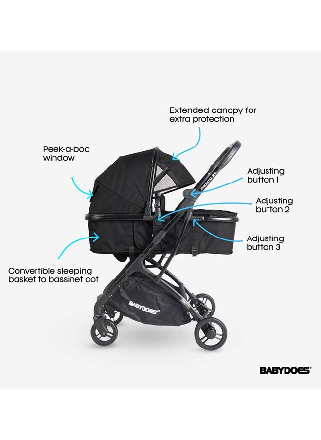 BABYDOES - PRONTO R+ 2 In 1 Reversible Cot Stroller With 5-Point Harness Reversible Seat One-Hand Fold  Sleeping Basket Into Bassinet Cot 0 To 4 Year Dark Grey - Image 1