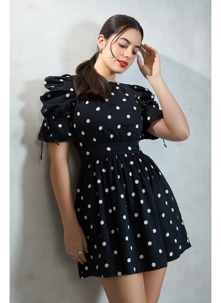فيرجيو Virgio Women Cotton Boat Neck Mini Length Printed Puff Dress