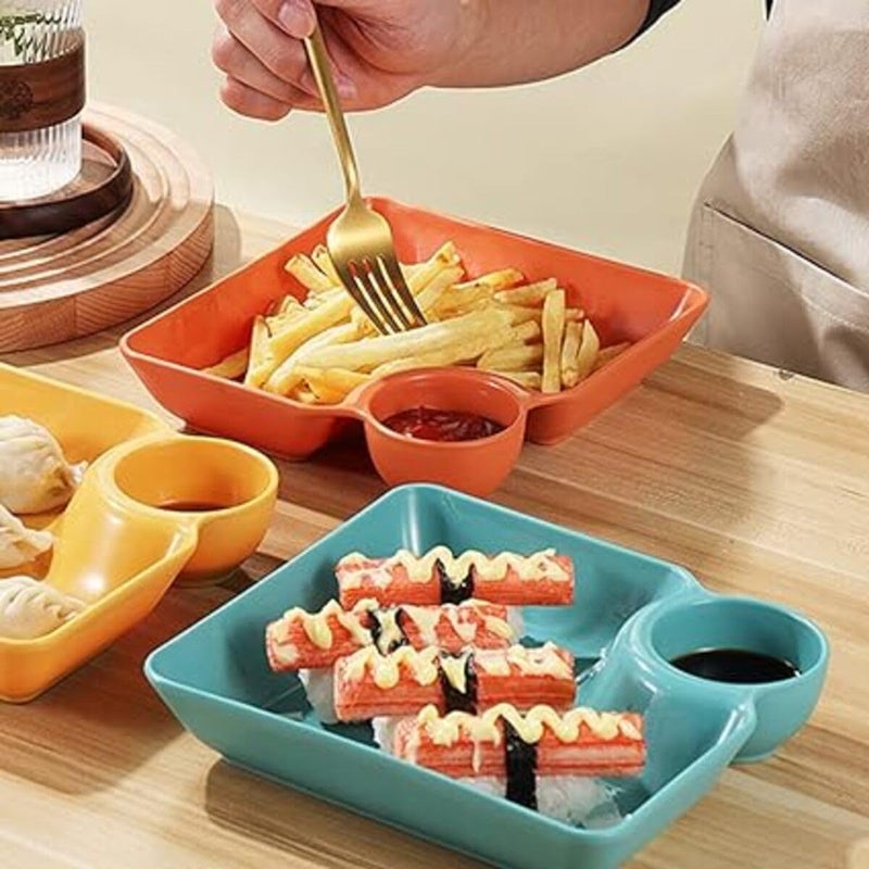 KITQO 4 Packs Plastic Dumpling Plates Sauce Compartment Square Serving Plates Sauce Holder Serving Platter Tray Seasoning Plate for Dumpling Dipping - Image 3
