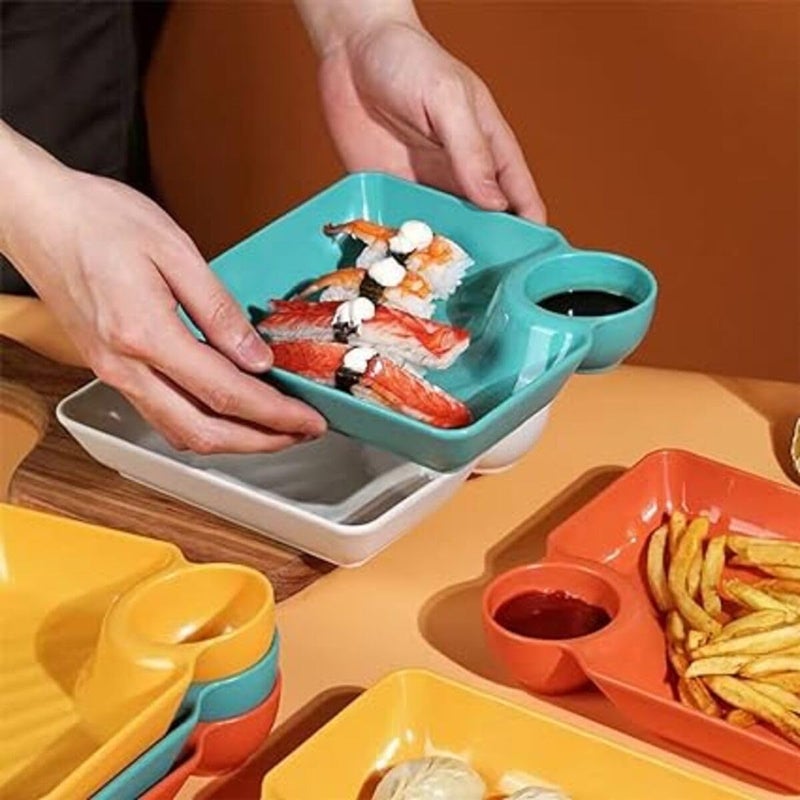 KITQO 4 Packs Plastic Dumpling Plates Sauce Compartment Square Serving Plates Sauce Holder Serving Platter Tray Seasoning Plate for Dumpling Dipping - Image 4