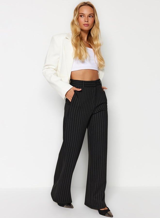 trendyol Black Striped Straight Fit High Waist Knitted Pants - Image 2