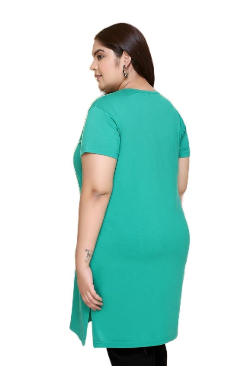 In Love Women Cotton Regular Fit Plus Size Long-Line Chest Print T-Shirt With Pocket, Green - Image 1