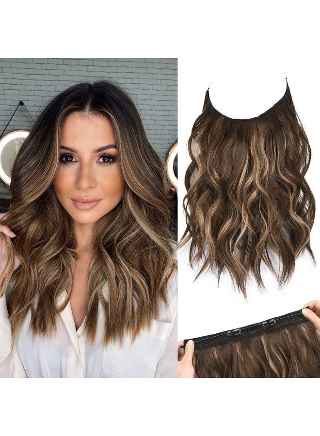 REECHO Invisible Wire Hair Extensions With Thinner Softer Lace Weft Adjustable Size Removable Secure Clips In Wavy Secret Hairpiece 12 Inch (Pack Of 1) Chocolate Brown With Blonde Highlights - Image 1