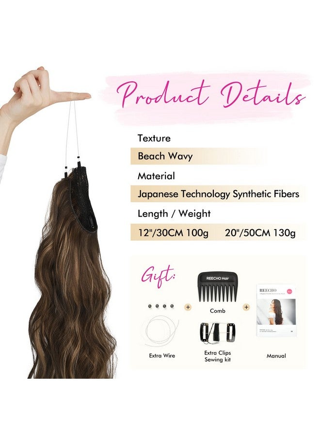 REECHO Invisible Wire Hair Extensions With Thinner Softer Lace Weft Adjustable Size Removable Secure Clips In Wavy Secret Hairpiece 12 Inch (Pack Of 1) Chocolate Brown With Blonde Highlights - Image 5