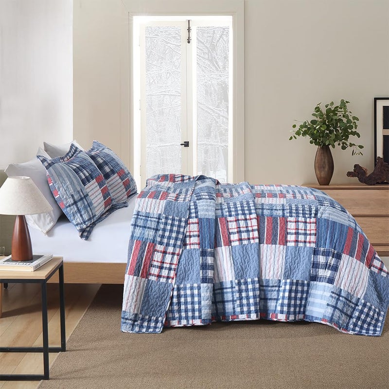 VISIMISI Cotton Bedding Quilt Sets Reversible Real Patchwork Coverlet Sets All Season Blue Bedspread, Plaid Patchwork Pattern,Queen Size - Image 5